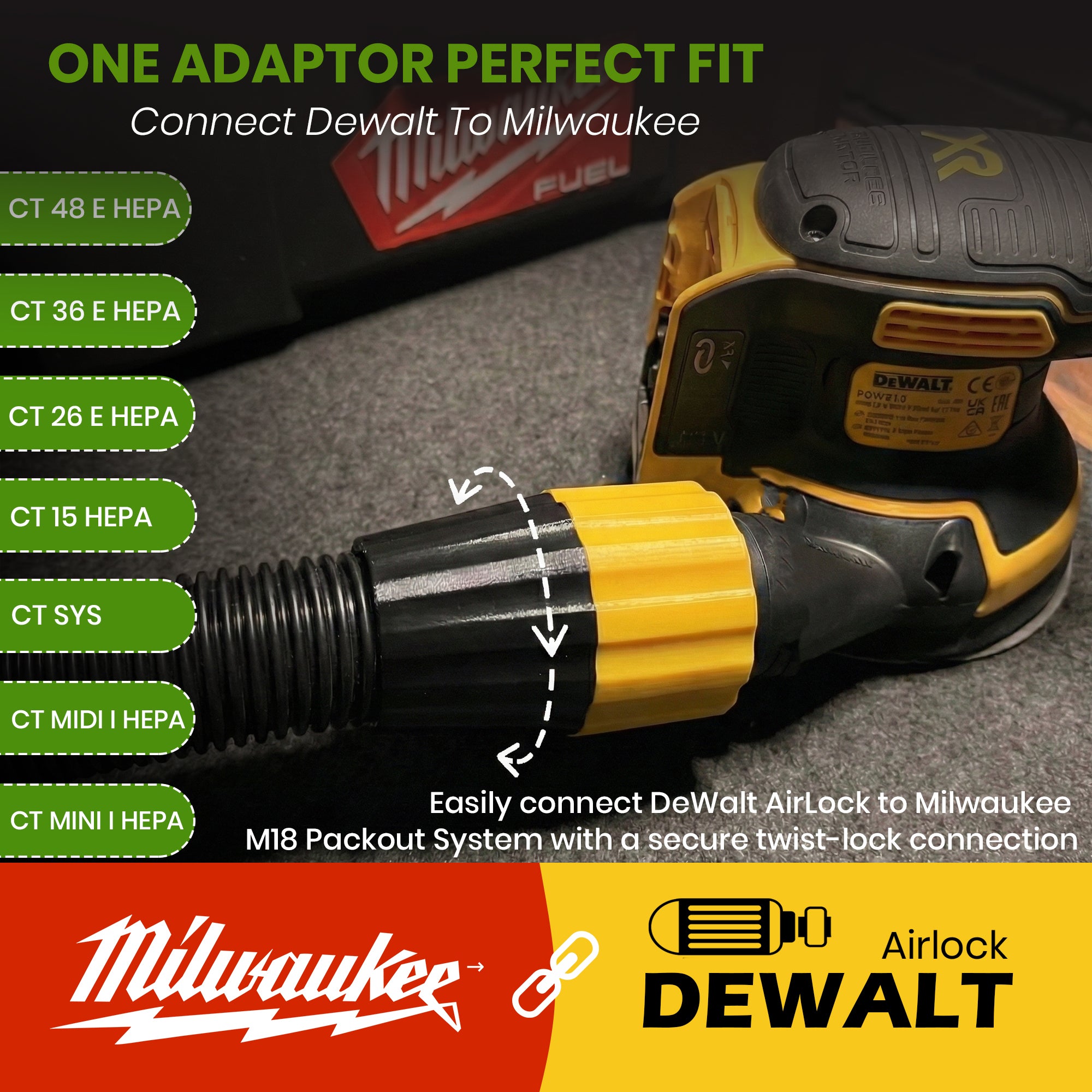 Festool Cleantec D27 hose adaptor to DeWalt AirLock and Milwaukee M18 Fuel Packout
