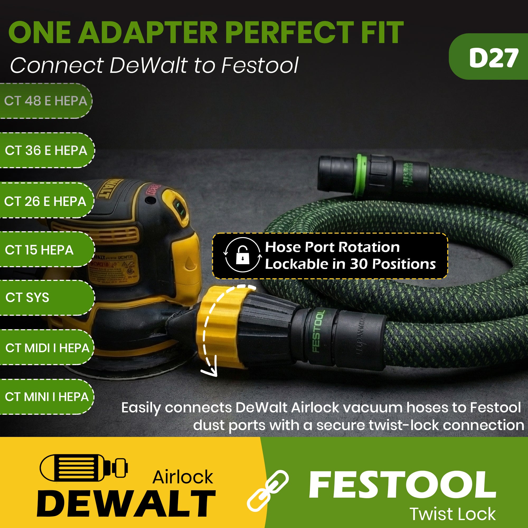 Festool Cleantec D27 hose adaptor to DeWalt AirLock and Milwaukee M18 Fuel Packout