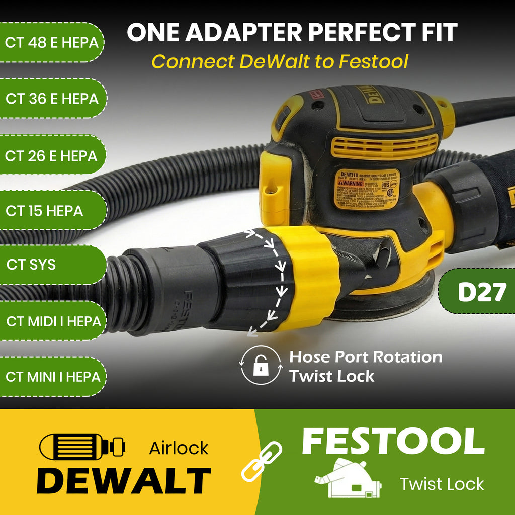 Festool Cleantec D27 hose adaptor to DeWalt AirLock and Milwaukee M18 Fuel Packout