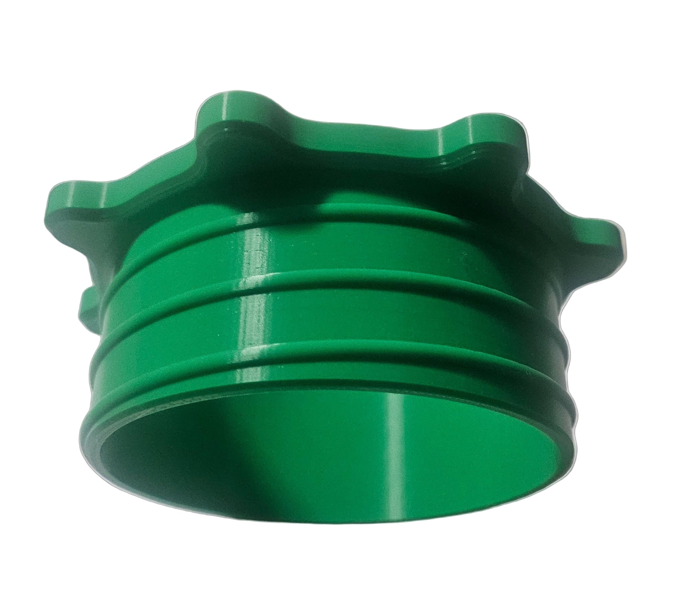 Green, plastic manufactured part with radial flange rings.